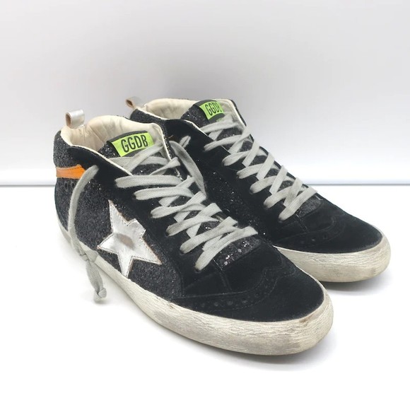 Golden Goose Shoes - Golden Goose Mid Star Glitter Wing Tip Sneakers Black with Silver Star Size 38